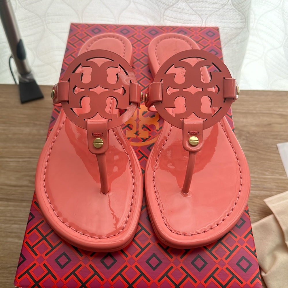 New Tory Burch Women Miller Patent Leather Sandals Coral Crush , Size # Various